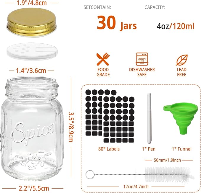 CycleMore 30 Pack 4oz Glass Mason Spice Jars, Round Spice Containers with Gold Metal Caps and Pour/Sift Shaker Lids-80pcs Labels,1pcs Silicone Collapsible Funnel,1Brush and Pen Included