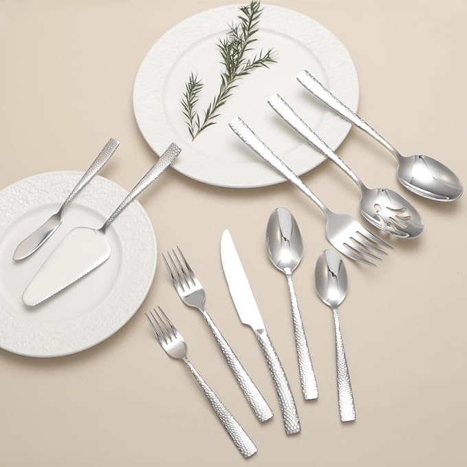 Large Hostess Serving Utensils Set, Stainless Steel Heavy Duty Hammered Serving spoons, Slotted Spoons, Serving Fork, Cake Server, Butter Knife, Dishwasher Safe（Silver）