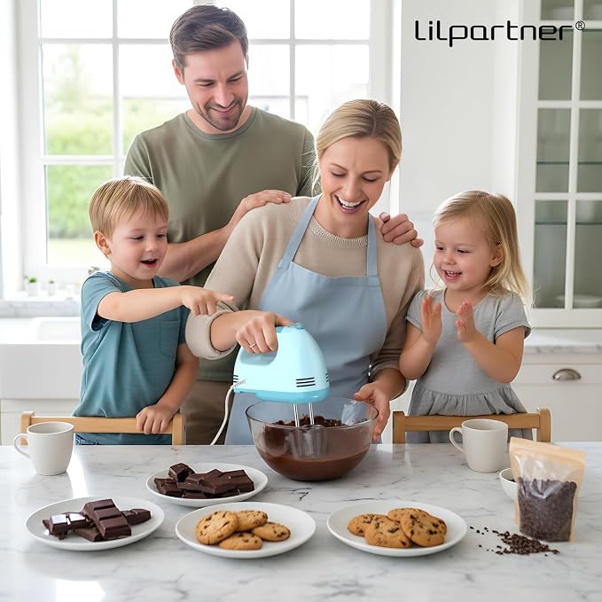 LILPARTNER Electric Hand Mixer with Storage Box, Ultra Power Kitchen Hand Mixer With 7-Speed & 5 Stainless Steel Accessories for Whipping Dough, Cream, Cake, Dishwasher Safe, BLUE BOX