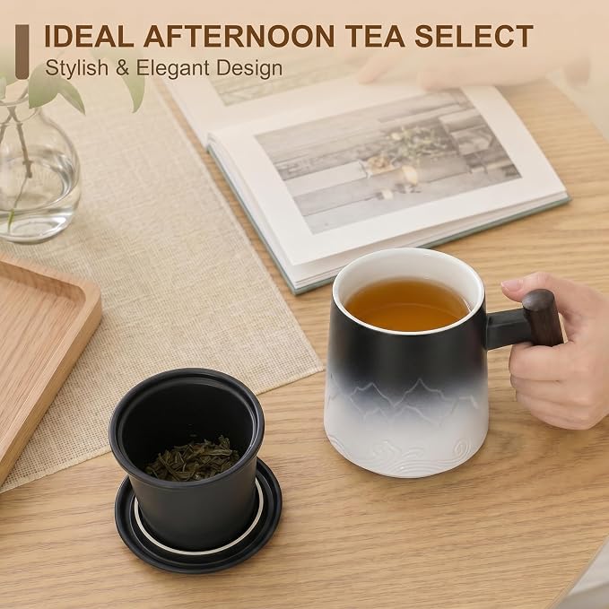 Tea Cup with Infuser and Lid, White & Black | 14oz Ceramic Tea Mug with Lid, Loose Leaf Tea Steeper Cup with Wood Handle for Tea Lovers Gifts