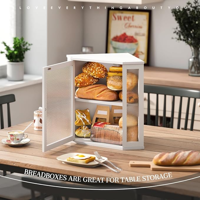 STDDRE Corner Bread Box Kitchen Countertop Extra Large Capacity Farmhouse Bread Box, Corner Countertop Storage, Double Layer Bread Holder (White, Extra Large)