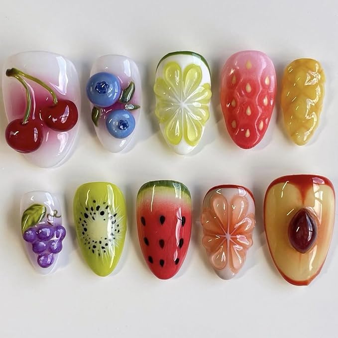 30Pcs 3D Fruit Press On Nails Short Almond Fake Nails Cute Summer Nails with Cherry Blueberry Strawberry Peach Design Tropical Fruit False Nails Reusable Full Cover Acrylic Nails Tips for Women Girls