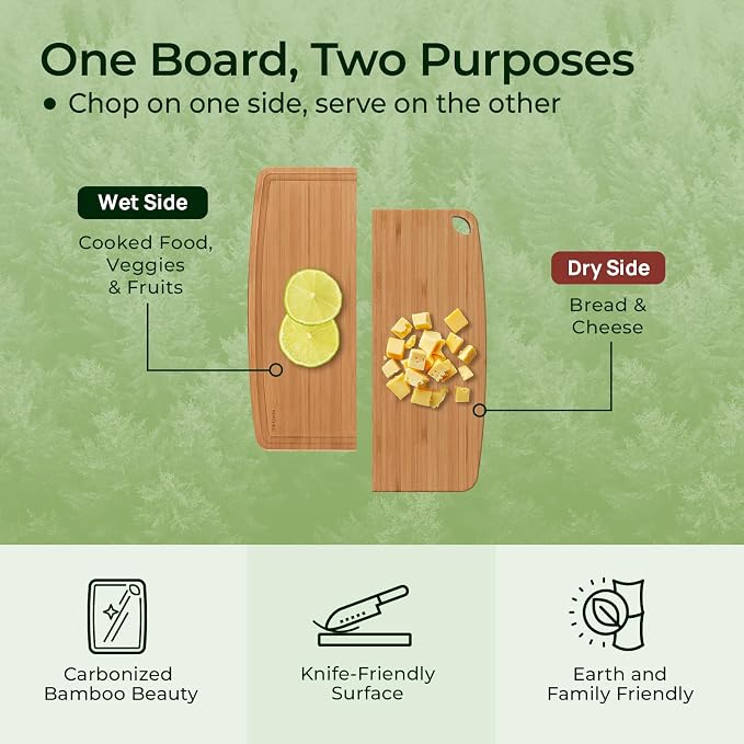 Keechee Dishwasher Safe Carbonized Bamboo Wood Cutting Boards for Kitchen with Juice Groove, Wooden Charcuterie & Chopping for Fruit, Vegetables & Cheese, Durable, Lightweight, Water-Resistant
