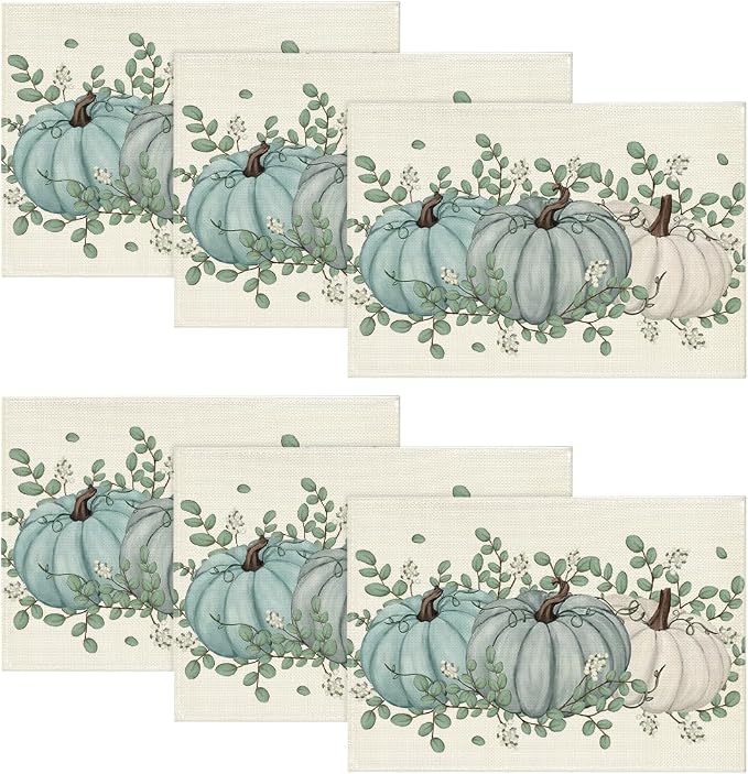Artoid Mode Pumpkins Eucalyptus Leaves Fall Placemats Set of 6, 12x18 Inch Autumn Thanksgiving Holiday Table Mats for Party Kitchen Dining Decoration | Heat-Resistant Table Mats, Washable Seasonal Autumn Leaves Kitchen Dining Decor