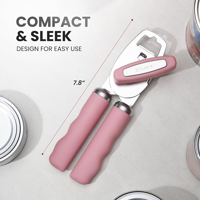 Zulay Kitchen Heavy Duty Stainless Steel Can Opener Manual with Bottle Opener - Rust Proof Manual Can Opener With Turn Knob & Comfy Soft Grip Handles - Pink