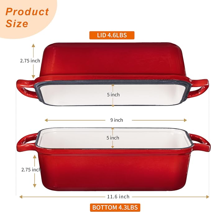 GRMImosa 9x5 Inch Cast Iron Loaf Pan with Lid, Loaf Pans for Homemade Bread | Cast Iron Bread Pan with Lid for Sourdough Baking, 9x5 Loaf Pan with 2-in-1 Design, Even Heat Distribution, Enameled Cherry