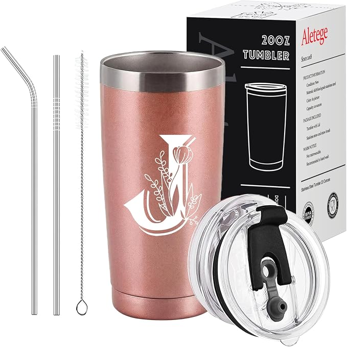Letter J Insulated Travel Cup with Lid, Personalized Initial Mugs for Women, Letter J Gift Coffee Mugs for Women, Wife, Mom, Grandma, Bridal Shower Gifts, 20 OZ Rose Gold Two Lids