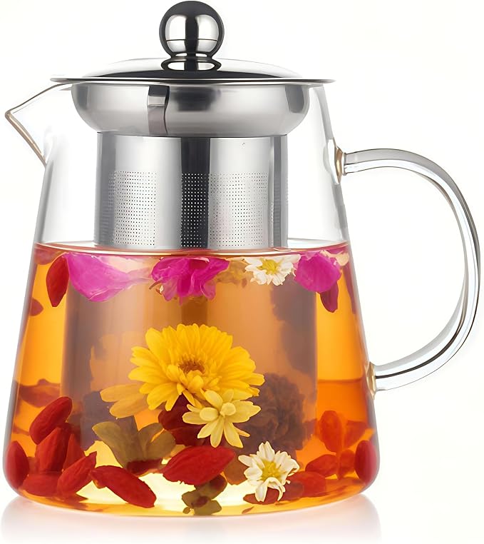 Glass Teapot with Stainless Steel Infuser, Borosilicate Tea Kettle, Clear Tea Maker for Loose Leaf Tea (950ML)