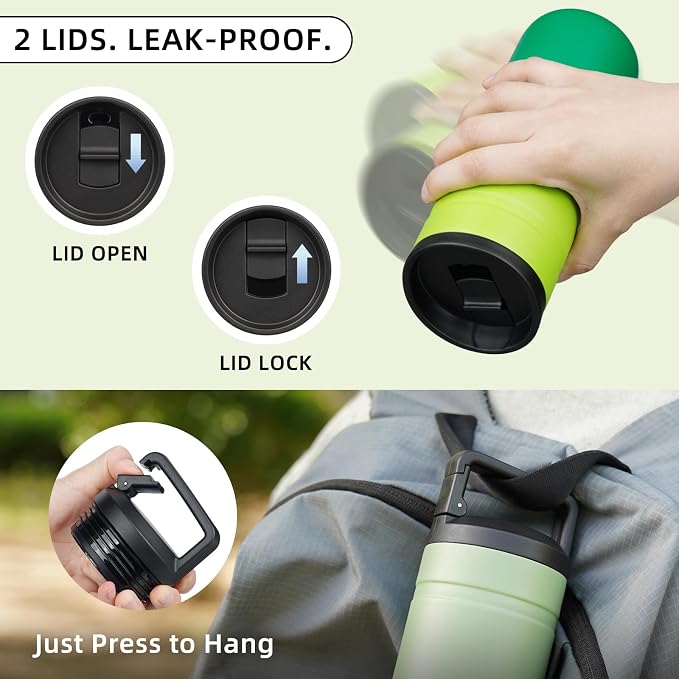 BJPKPK 20 oz Insulated Travel Water Bottle, Coffee Tumbler Stainless Steel | Double Wall Vacuum, Leakproof, Thermal, Keeps Hot/Cold, Dishwasher Safe, Spill Proof, Wide Mouth, 2 Lids, Matcha Green