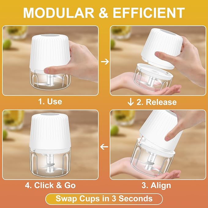 100+250+400ML Electric Garlic Chopper, 6 Blades Garlic Mincer | Mini USB Portable Vegetable Chopper, Onion Grinder, Small Food Processor for Ginger, Chili, Fruit, Meat