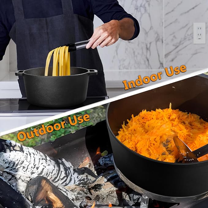 P&P CHEF 2 In 1 Black Dutch Oven Pot with Lid for Bread Baking, 5Qt | Cast Iron Bread Dutch Oven, Skillet & Pot for Roasting Braising Stewing Frying Simmering, Multi Stoves & Oven Safe