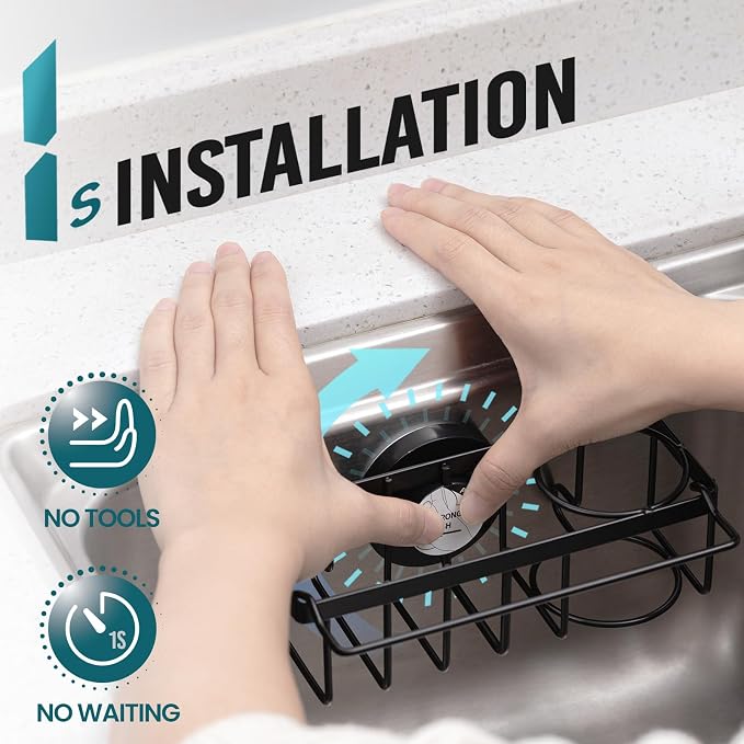 TAILI 4-in-1 Sink Sponge Holder for Kitchen with Strong Suction Cup-Black | Removable Sink Caddy with Suction Cup, Rustproof 304 Stainless Steel Multi-compartment Sink Organizer for Sponge, Brushes