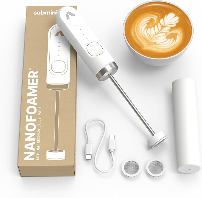 Subminimal NanoFoamer Milk Foamer - Rechargeable Handheld Frother - White | Waterproof frother with rechargeable lithium battery, microfoamed milk in 30 seconds, barista-style coffee drinks at home