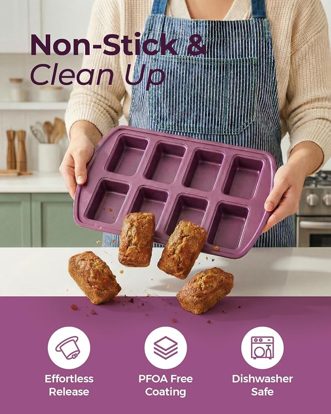 CARTMAN 2-Pack 8-Cavity Mini Loaf Pans, Carbon Steel Bread Pan Set, Purple | Includes spatula & brush, 0.6mm carbon steel, nonstick release, for banana bread, mini meatloaf, ideal for keto & meal prep