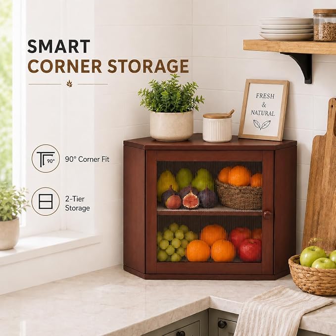 BAMBANG Corner Bread Box for Kitchen Countertop, Large Capacity Bamboo Wood Bread Storage Container, 2 Tier Farmhouse Breadbox with Fluted Acrylic Door for Bread, Homemade Bread and Snacks, Brown