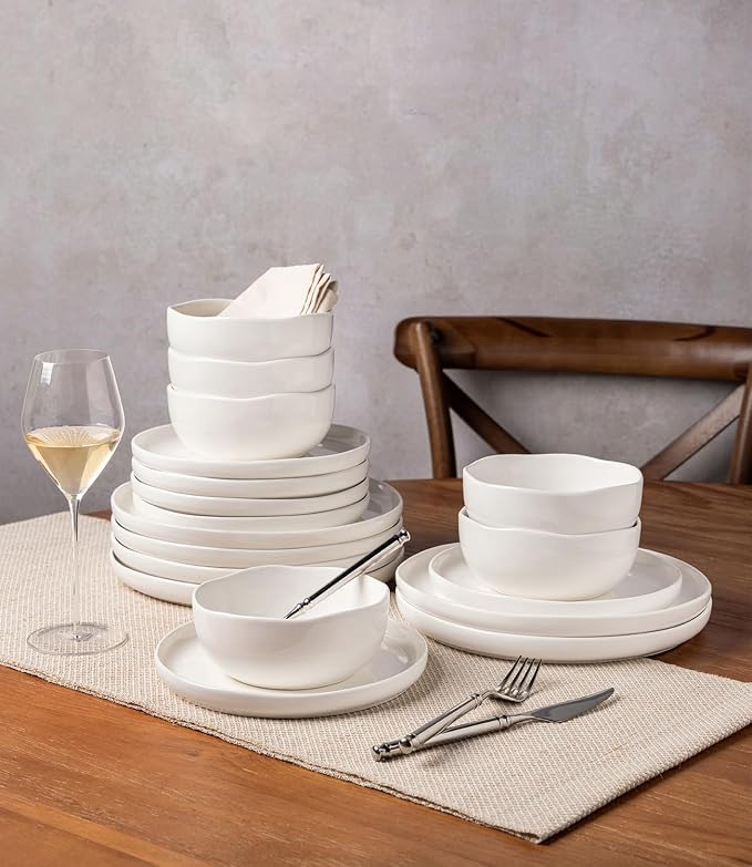 Ceramic Dinnerware Set for 4, 12-Piece Plates and Bowls Set | Handmade Reactive Glaze Dish Set, Scratch Resistant, Oven & Microwave & Dishwasher Safe, White Speckled
