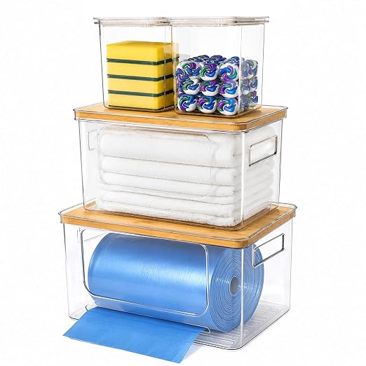 Trash Bag Organizer Under Sink Storage, 4 Piece Stackable Clear Storage Bins with Bamboo Lids, Fits 13/30/33 Gallon Bags, Organizer for Laundry Pods, Dishwasher Pods, Kitchen Pantry