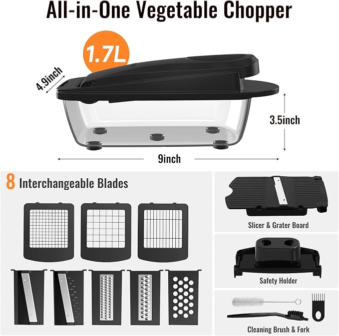 8 Blade All-in-1 Vegetable Chopper Mandoline Slicer with Container, Black | Food Chopper, Onion Chopper, Veggie Cutter for Salad, Kitchen Gadgets Accessories Essentials