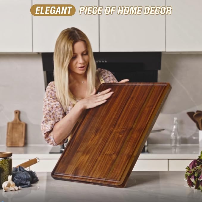 XXL Large Edge Grain Walnut Wood Cutting Board for Kitchen 24x18 in | Juice Groove Handles, Non-slip Mats,Thick Reversible Butcher Block, Cheese Charcuterie Board