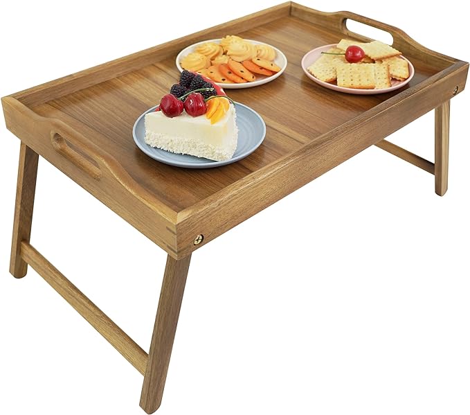 Utoplike Large Acacia Bed Tray Table for Eating, Breakfast Trays with Legs | Foldable Legs, Wood Serving Trays for Food, Snack, Laptop Working, Reading, Raised Edges, Large Size
