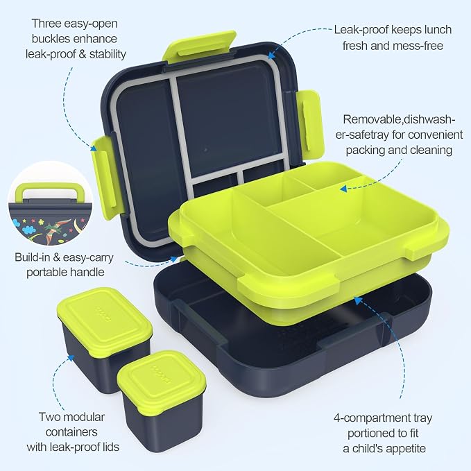 Caperci Bento Box for Kids Age 4-8 - Leak-Proof Toddler Lunch Box Container with 2 Modular Containers & 4-Compartment, Hold 4.8 Cups, Portable Handle, BPA-Free, Microwave/Dishwasher Safe (Dinosaur)