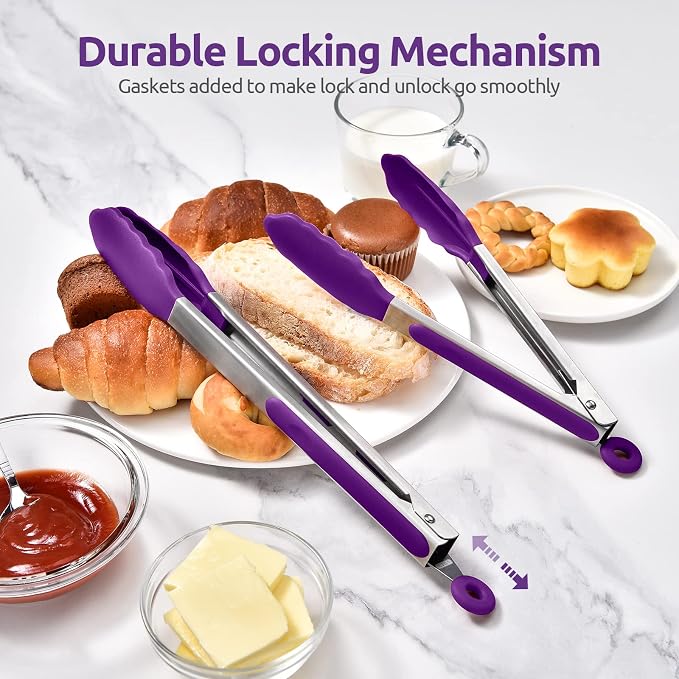 U-Taste Kitchen Tongs for Cooking, 600ºF Heat-Resistant Tps, 2Pcs/Purple | Silicone Tong Set 9/12in, Salad/Grill/BBQ Plastic Tong for Food Serving, Rubber Tipped Tong with 18/8 Stainless Steel Handle