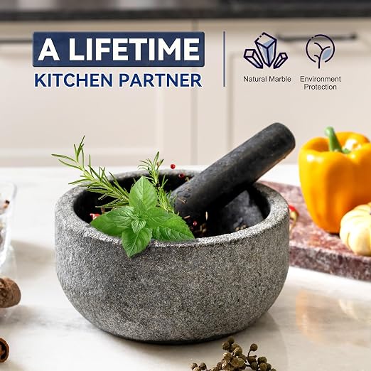 Granite Mortar and Pestle Set, 7"-4 Cups Unpolished Stone Grinder Bowl for Guacamole, Salsa, Pill Crusher, Spice, Herb, Garlic, Nut, Heavy Duty Grinder for Kitchen(Angola Silver Black)