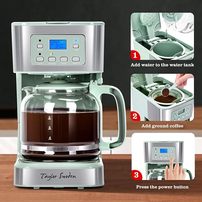 Taylor Swoden 12-Cup Programmable Coffee Maker, Green & Stainless Steel | Regular & Strong Brew Drip Coffee Machine for Home and Office, 24H Timer, Glass Carafe, Pause & Serve, Auto Shut Off