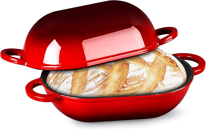 TeamFar Enameled Cast Iron Bread Loaf Pan, 2 QT Oval Dutch Oven with Lid | for Sourdough Bread Baking, Enameled Meatloaf Loaf Baking Pan with Lid, Even Heat Distribution & Self-Basting, Red