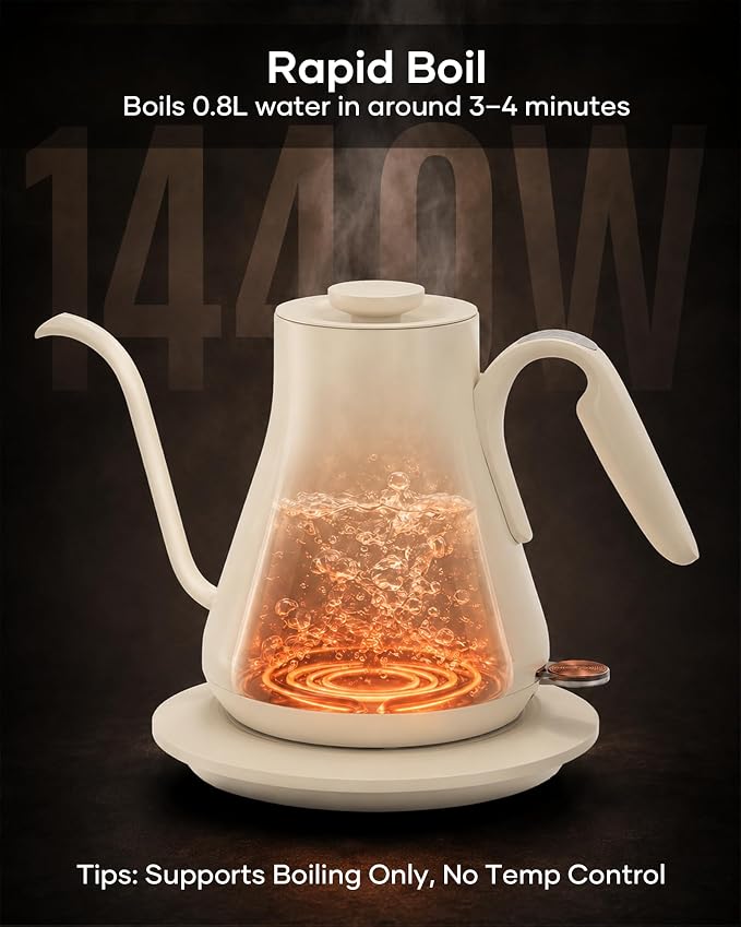 Cocinare Gooseneck Electric Kettle 0.8L, Fast Boil Pour Over Coffee, Tea | 1440W Fast Boil, 304 Stainless Steel Interior, Gooseneck Precision Spout, Auto Shut-Off & Boil-Dry Protection, Morandi White