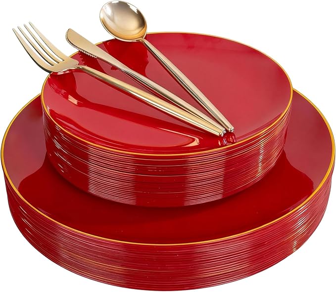 IOOOOO 150Pcs Red Plastic Plates,Red Disposable Plates with Gold Rim | Sturdy Hard Disposable Plates Set Include 30 Dinner Plates,30 Dessert Plates, 90 Plastic Silverware Set for Wedding, Events.