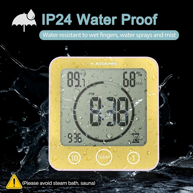 KADAMS Shower Clock Waterproof Bathroom Timer – Digital Wall Clock with Countdown, Magnetic Kitchen Clock with Temperature & Humidity, Suction Cup for Kids Shower Spa Sauna Cook Bath (Yellow)