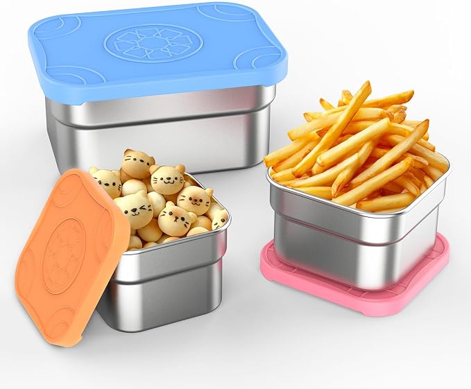 DaCool 3 Pack Kids Stainless Steel Snack Containers with Lids, Easy Open Leakproof Small Toddler Snack Containers with Silicone Lids, Stackable Metal Lunch Box for Daycare and School