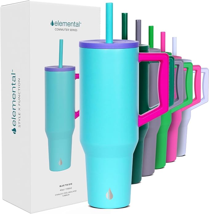 Elemental Spill Proof 40oz Insulated Tumbler with Handle & Straw Travel Mug | Stainless Steel Commuter Travel Coffee Mug for Cold Beverages, Includes 2 Straws & a Spill Proof Lid for Everyday Use