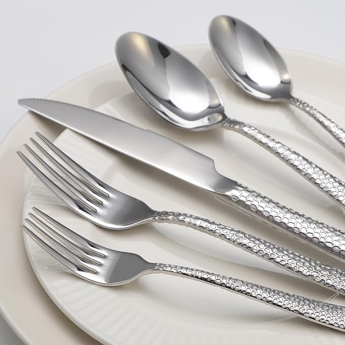 Hammered Silverware Set, 20 Piece Stainless Steel Flatware Set for 4, Food-Grade Tableware Cutlery Set for Home Restaurant, Mirror Polished, Dishwasher Safe