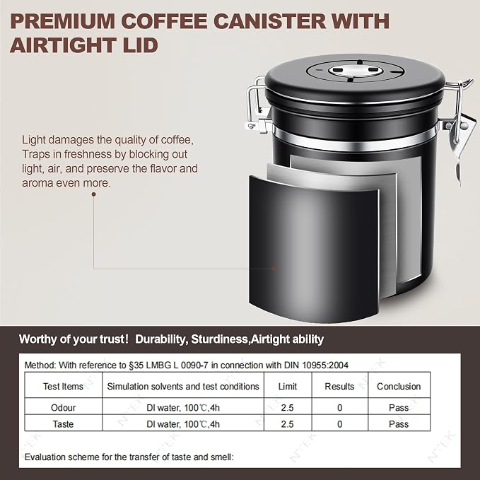 ShanSon Coffee Canister Airtight, Stainless Steel Bean Storage Container with Date Tracker & Scoop, Grounds Sugar Flour Tea Cereal Fits Kitchen Pantry, Ideal Gift for Coffee Lovers,22oz, Black