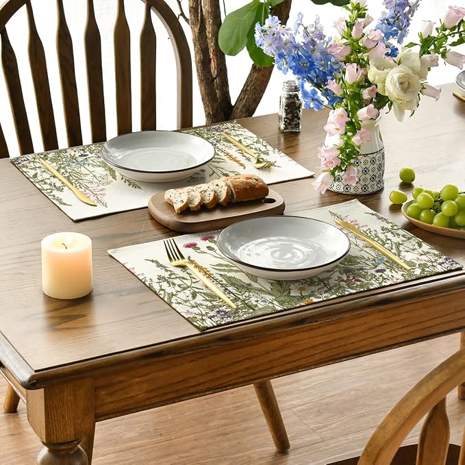 Artoid Mode Antique Herbs and Wild Flowers Summer Placemats Set of 12, 12x18 Inch Seasonal Wildflower Spring Table Mats for Party Kitchen Dining Decoration