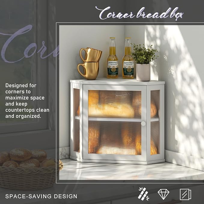 Corner Bread box for Kitchen Countertop,Farmhouse Bread Box with Acrylic Wavy Door Panel,Large Bread box for kitchen countertop,Kitchen Countertop Food Storage Container (White, Meduim)