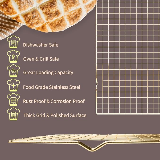 Briout 2PCS Cooling Rack for Cooking and Baking, 16" x 10" Wire Rack, Gold | Thick Wire Rack, Oven & Dishwasher Safe, for Roasting, Grilling, Drying, Fits Half Sheet Pan