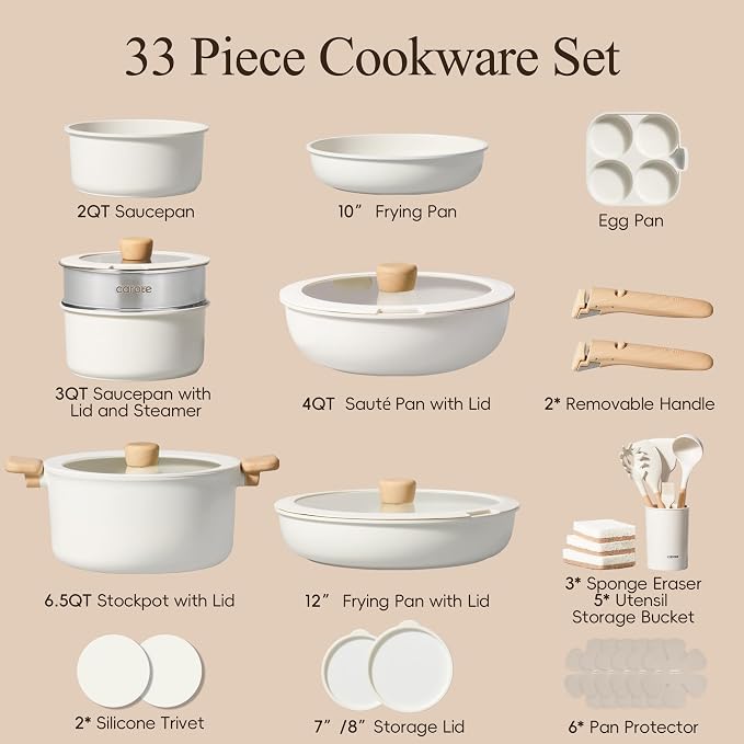 CAROTE 33pcs Pots and Pans Set Non Stick, Cookware Set Detachable Handle | Induction Compatible, Dishwasher & Oven Safe, Space Saving, Camping Cooking Set, Kitchen Set, White