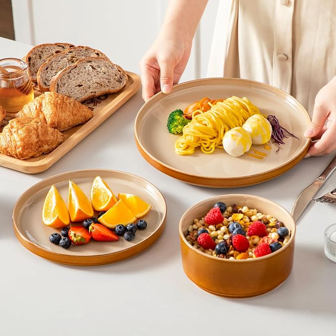 vancasso ONION Ceramic Plates and Bowls Sets, 24 Pieces Brown Dinnerware Sets for Kitchen, Reactive Glaze Dishes Set for 8, Dishwasher and Microwave Safe