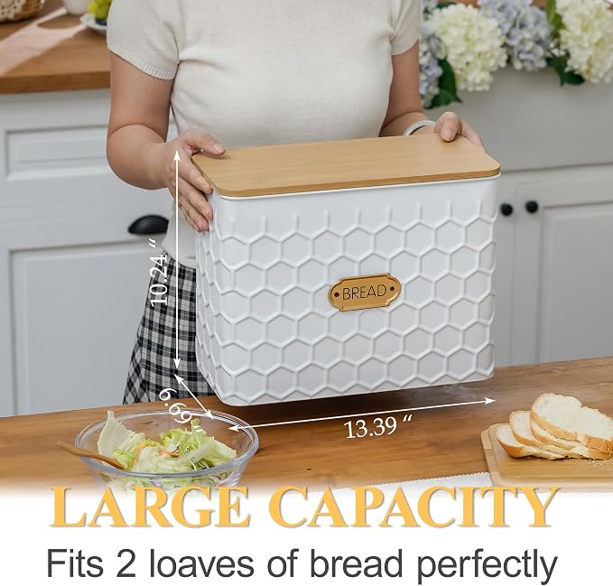 Extra Large Honeycomb Embossed Bread Box with Bamboo Lid | Corner Breadbox for Homemade Bread, White Metal Bread Storage Container Bin for Kitchen Countertop, Fits 2 Loaves of Bread