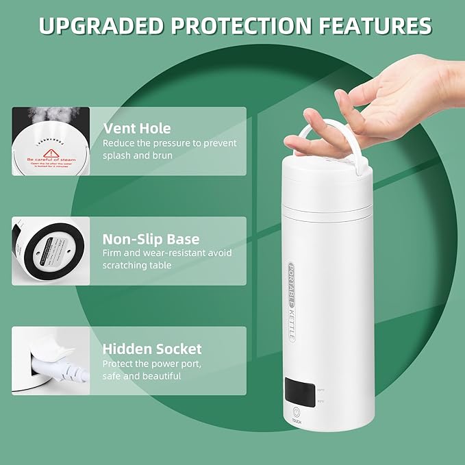 QRAGJBM Portable Electric Kettle Travel, 120V, 450ml, 4 Temperature Control | 304 Stainless Steel Lining, Auto Shut-Off, Boil Dry Protection, BPA-Free, Lightweight, For Hotel and Office (White)