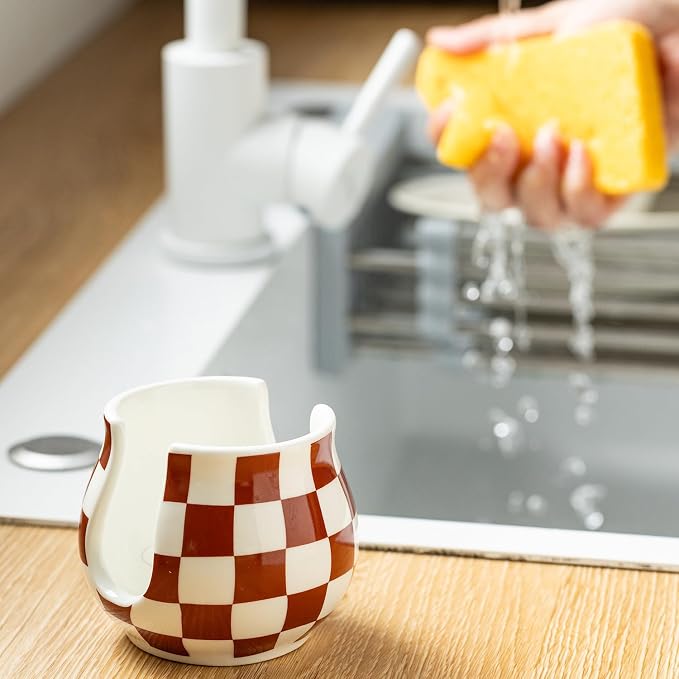 Zoeeker Sponge Holder for Kitchen Sink, Ceramic Checkered Dish Sponge Caddy | Kitchen Sink Organizer Farmhouse Scrubby Caddy Brush Holder for Bathroom, Countertop, Farmhouse Kitchen Decor, Brown & White