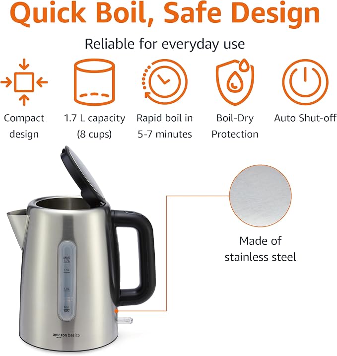 Amazon Basics Electric Stainless Steel Kettle for Tea and Coffee, BPA-Free, Fast Boiling, Auto Shut-Off, Boil-Dry Protection, 1.7 Liter, 1500W, Black and Silver