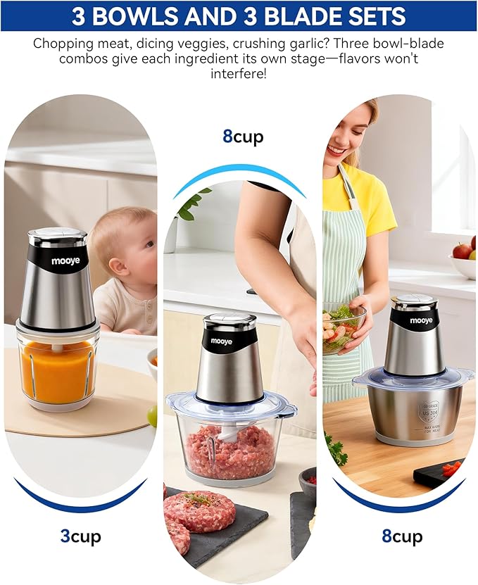 Food Processor Electric Food Chopper with Meat Grinder & Vegetable Chopper - 3 Bowls(8Cup+8Cup+3Cup) with Powerful Copper Motor - Includes 3 Sets of Bi-Level Blades for Fruits/Meat/Nuts