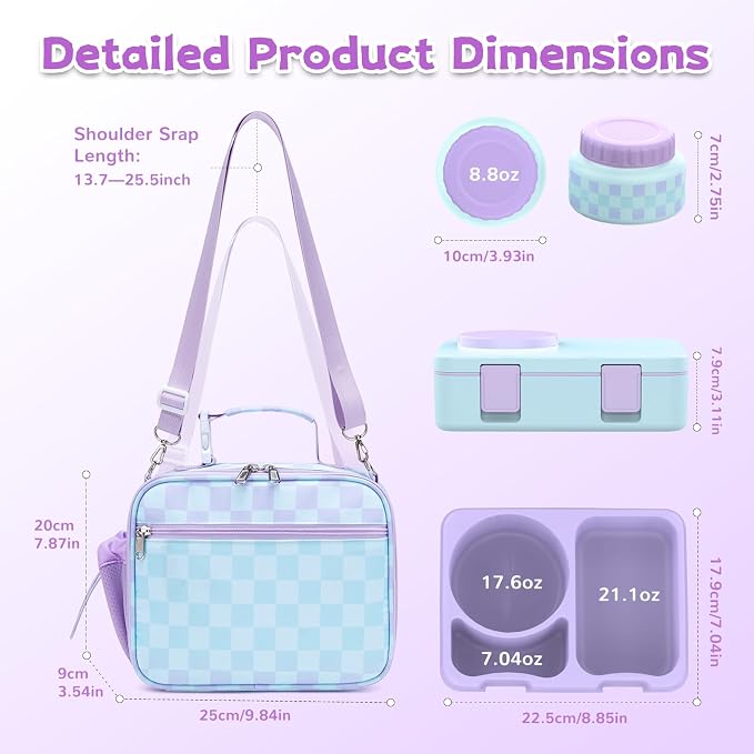 Bento Box for Kids, Leakproof Kids Lunch Box with 8.5OZ Thermo Food Jar & Lunch Bag, 3-4 Compartments Toddler Insulated Lunch Box for Girls, BPA Free Lunch Containers for School Daycare