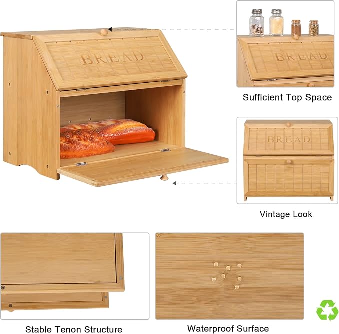 HOMEKOKO Vintage Double Layer Large Bread Box, Retro Design, Natural Bamboo | Keeps Bread Fresh 3-4 Days, 2-Tier Capacity Fits 2+ Loaves,Suitable For Farmhouse/Rustic Kitchens Use, Retro Design
