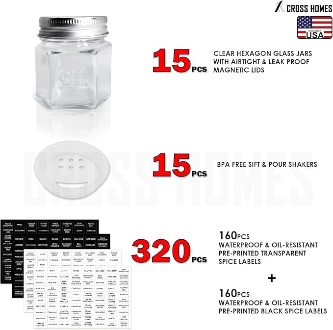 15 Pack Magnetic Spice Jars for Refrigerator Hexagon Glass Spice Jars with Magnetic Lids, Shaker, Spice Labels, Magnetic Glass Spice Containers for RV Travel Trailer Kitchen Fridge Cabinet Wall mount
