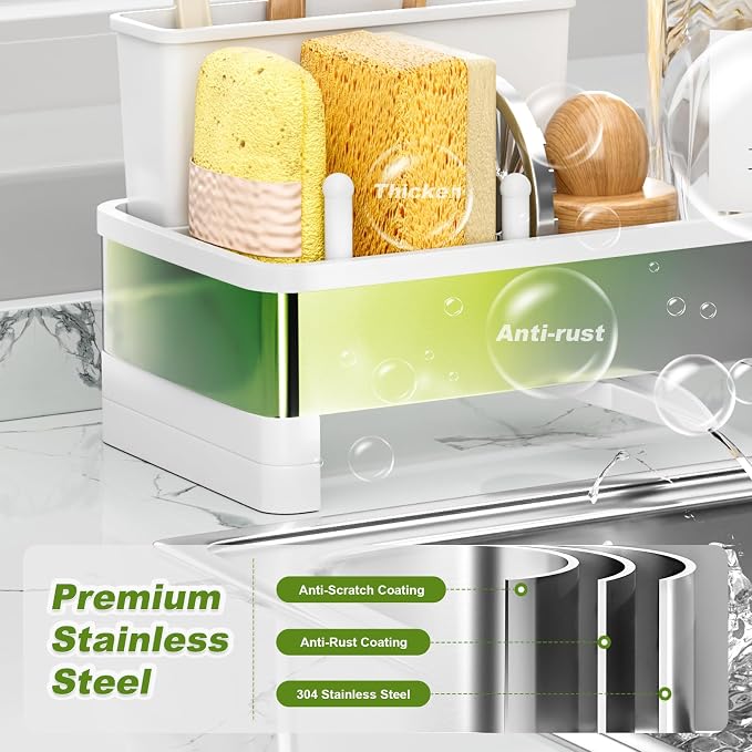 Ewaiira Stainless Steel Sink Caddy, Sponge Holder for Kitchen Sink 9.8″ | with Brush Holder & Dishcloth Rack, Rustproof Organizer Countertop, Soap Kitchen Organizers Storage Essentials, White
